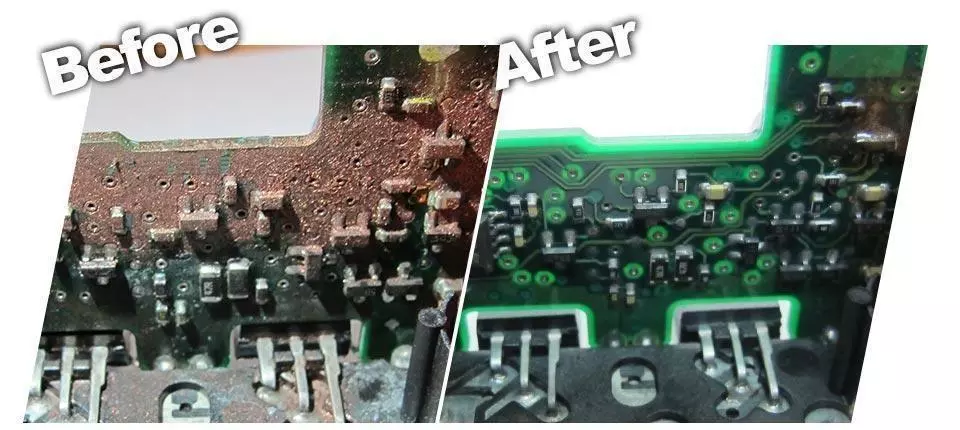 before and after cleaning circuit board
