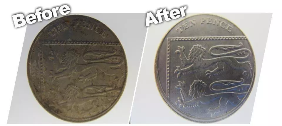 before and after cleaning coins