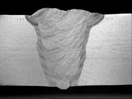 Hardness test impressions in a butt joint V weld
