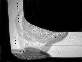 Hardness test impressions in a corner joint weld
